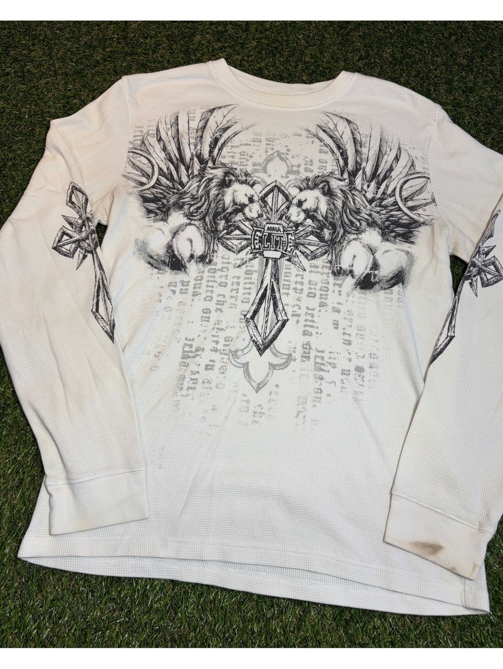 White Long Sleeve Shirt with Black Graphic Design Large